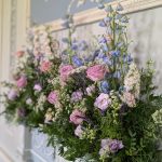 Pink and blue floral arrangement by Just So Flowers for Beckenham Place Mansion