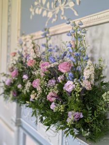 Pink and blue floral arrangement by Just So Flowers for Beckenham Place Mansion