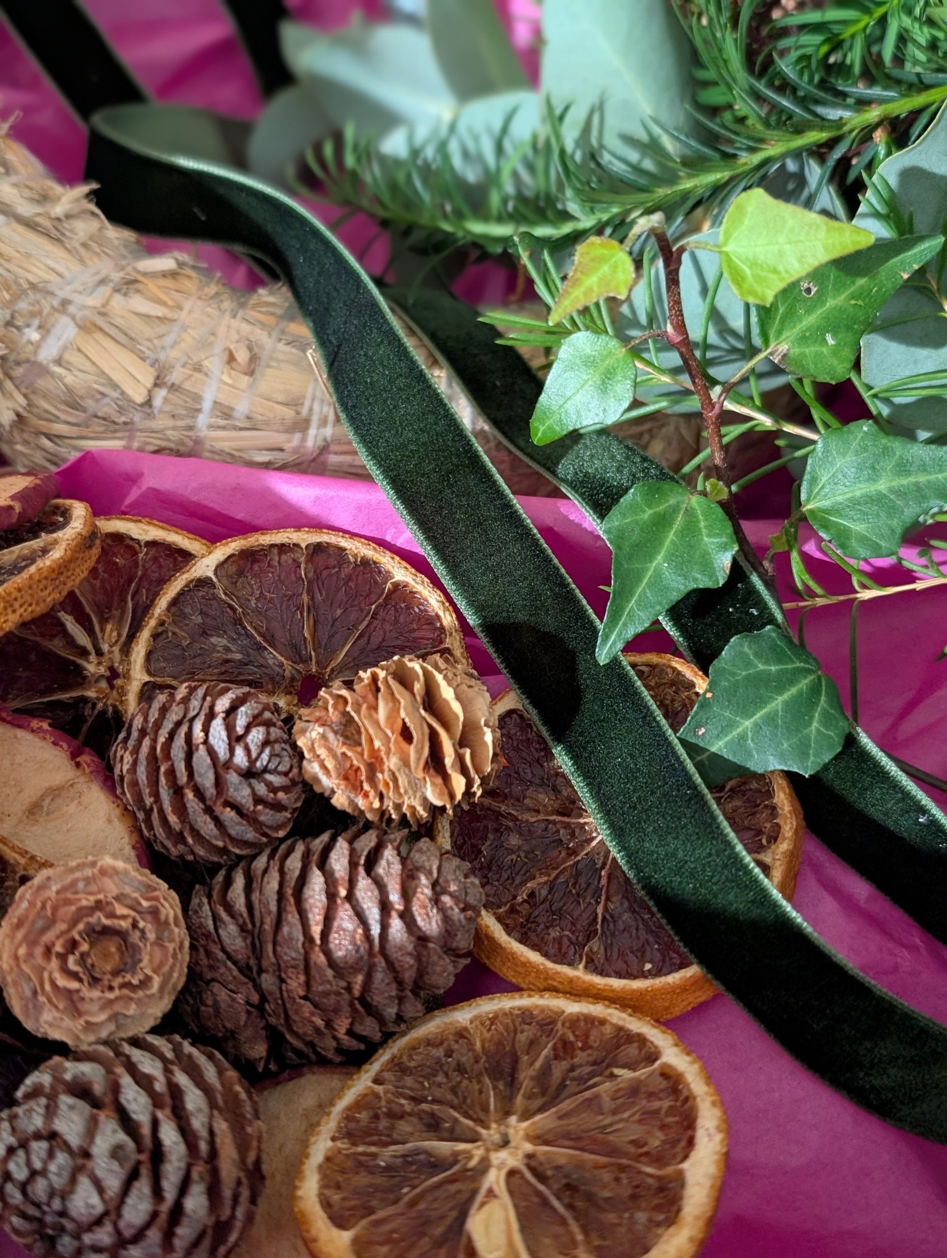 Christmas wreath kit materials by Just So Flowers in Beckenham