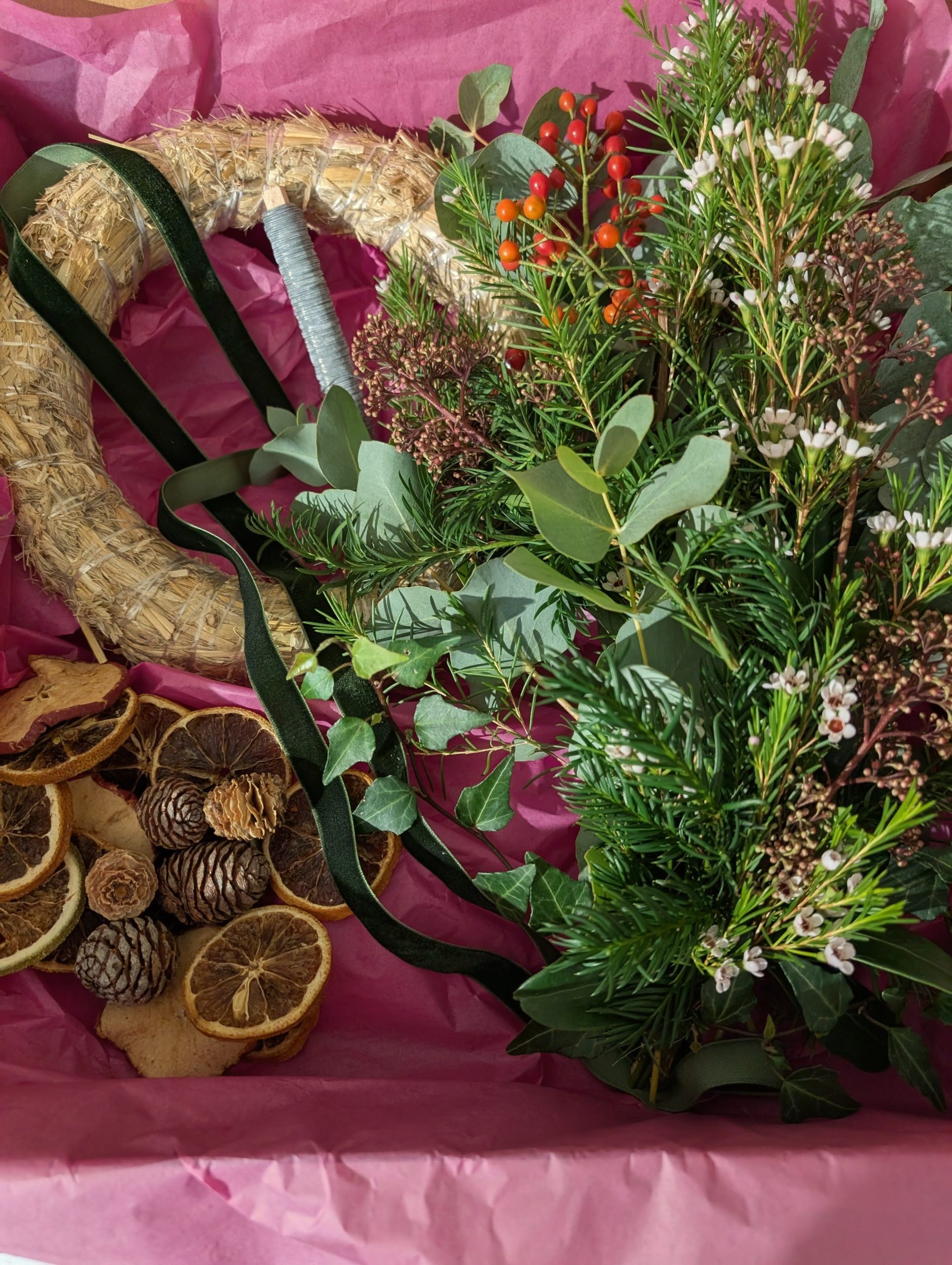 Ingredients for Christmas wreath kit by Just So Flowers