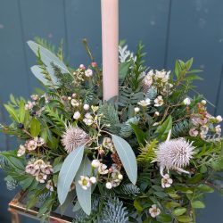 White and green table arrangement by Just So Flowers